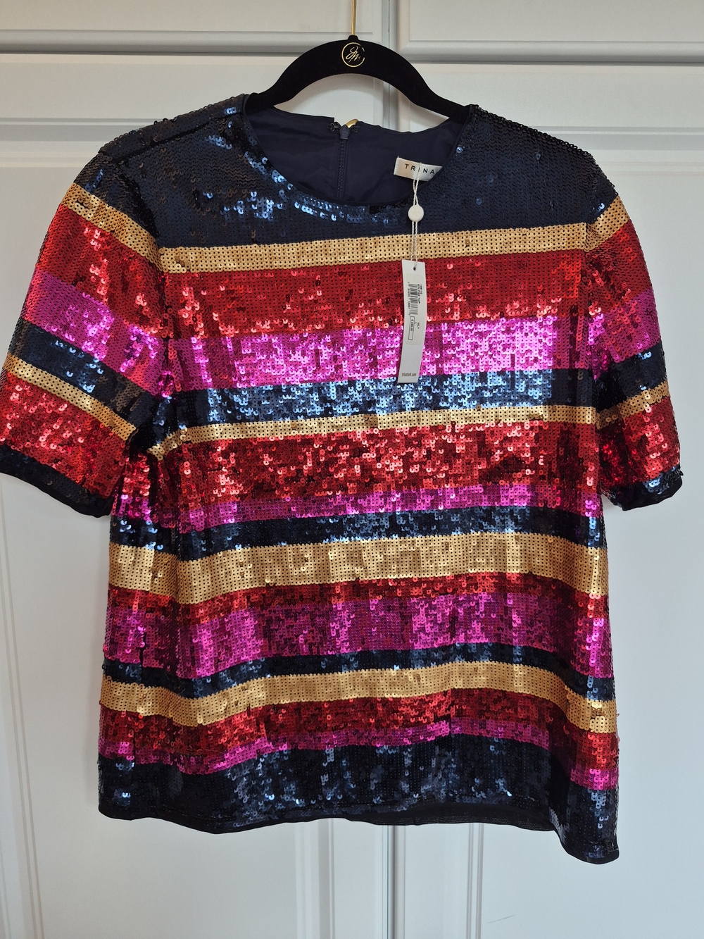 NWT $398 Trina Turk Pink Gold Navy Multi-Stripe Sequin Short Sleeve Top Large.